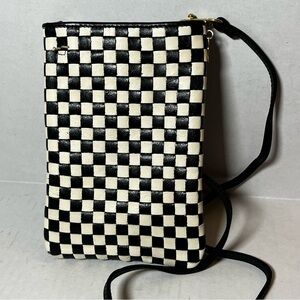 Clare V Poche Woven Crossbody Bag Checker Black White Phone Holder Purse
